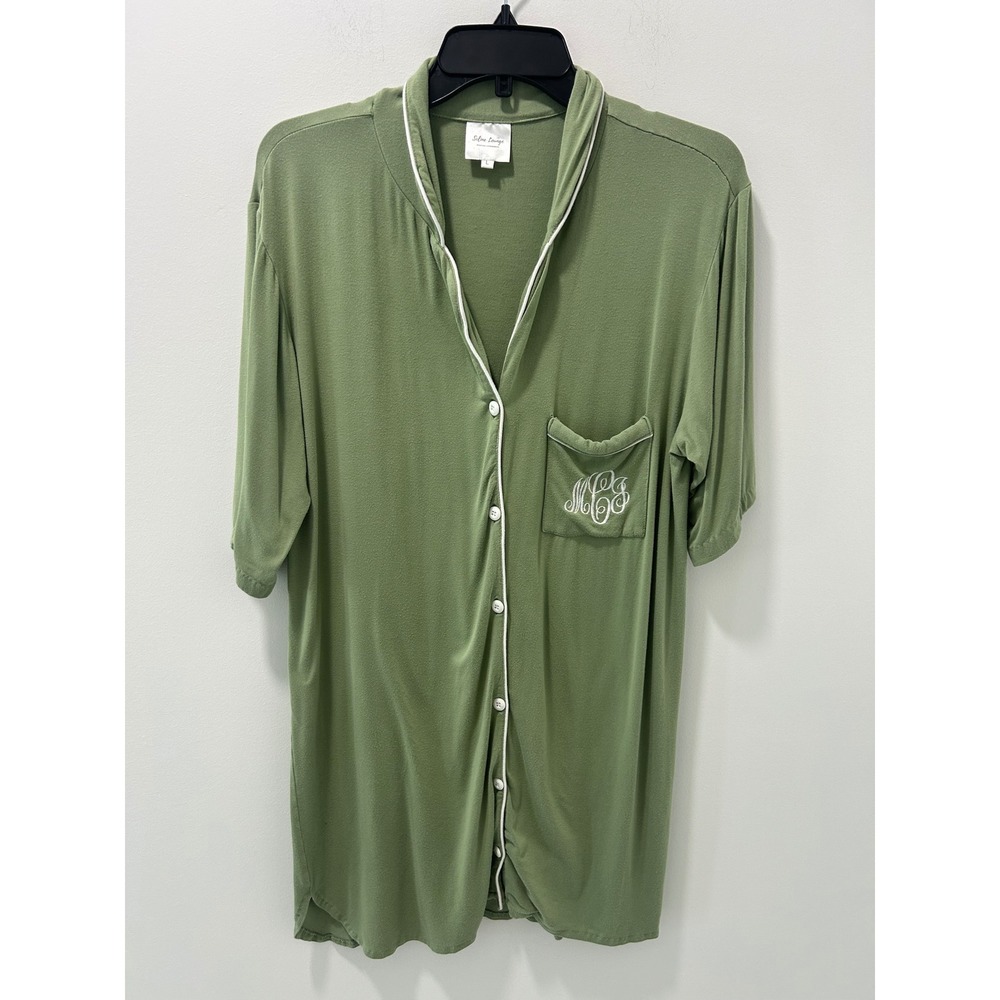 Seline Lounge Sage Green Monogram Sleep Shirt Button Front Nightgown Large